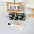 Detail of white daisy embroidery on black canvas cosmetic bag with metal hook - Rectangular Pencil Case / Black