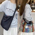 Ethnic patchwork and charcoal gray denim large tote bags featuring Romance embroidery - Denim Gesang Flower Double-Sided Single Strap (Embroidery)