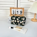 Detailed embroidery of white daisies and green leaves on black canvas cosmetic bag - Square Makeup Bag / Black