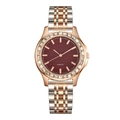 Women's quartz watch with burgundy dial, rhinestone bezel, and two-tone rose gold steel strap - Red
