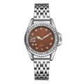 Détail d'une montre en acier argenté avec cadran étoilé et lunette en strass - Marron