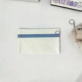 Detail of canvas pouch with blue zipper tape and purple zipper pull in contrast design - Coin Purse / Purple Zipper