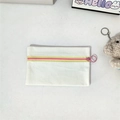 Detailed macro view of cream canvas pouch with vibrant pink and yellow zipper pulls - Coin Purse / Pink Zipper