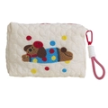 Quilted white cosmetic bag featuring a cute cartoon dog embroidery and red carabiner hook - Polka Dot Puppy Storage Bag