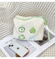White heart-quilted pouch with green apple embroidery and a light green wristlet - Green Apple Storage Bag