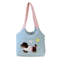 Bolso tote acolchado azul de corazones con bordado de perrito y correas rosas - Hombro de Contraste de Bordado de Cachorro / Azul