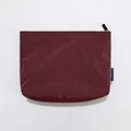 Detail of dark red nylon makeup bag with black zipper and branded woven label - Burgundy