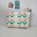Floral canvas makeup bag with pink flower patterns and May Rabbit label on white background - Pink Flower Green Leaf