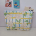 Floral makeup bag with yellow stripes and blue patterns on white canvas fabric - White Peony