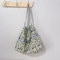Close-up of vintage floral canvas tote bag featuring purple tulip prints on beige fabric - Small Floral Tulip Blue