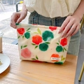 Floral makeup bag in cream with large hand-painted flower prints and brand label - Red and Green Floral
