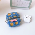 Detail of blue and yellow checkered plush headphone case with a zipper and pearl charm - Blue Plaid (Upgraded Version)