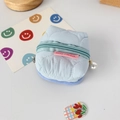 Quilted blue mini storage pouch with purple base, white pearl charm, and green zipper detail - Quilted Gourd Blue