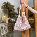 Floral canvas tote bag with tulip print and spacious interior for daily carry - Small Floral Tulip Pink