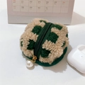 Compact plush checkered waffle case with pearl zipper for wireless earbuds storage - Dark Green Plaid