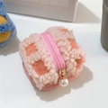 Detail of pink checkerboard plush pouch featuring soft waffle velvet and pearl zipper puller - Pink Plaid Pink Zipper