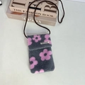 Gray plush crossbody phone bag with pink floral pattern and braided shoulder strap - Pink Flower
