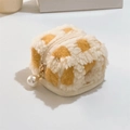 Close-up of yellow checkered fleece earphone pouch with an elegant pearl zipper pull - Yellow Plaid