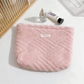 Detailed view of pink plush cosmetics bag featuring geometric quilting and mayrabbit tag - Chinese Knot Pink
