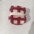 Macro detail of red and white checkered plush waffle fleece earphone pouch with zipper - Red Plaid (Upgraded Version)