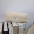 Macro detail of plush sherpa pencil case featuring a colorful mayrabbit letter patch - Teddy Plush Rice White