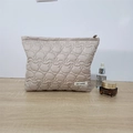 Beige quilted makeup bag with cat pattern stitching and branded woven label - Quilted Cat Head Cream White