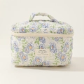 Gesteppte Baumwoll-Kosmetiktasche mit blauem Blumenmuster und Tragegriff für Reisen - Blaue Blume