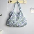 Borsa tote leggera in tela floreale con fiori viola e manici in corda intrecciata blu - Violetto
