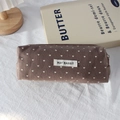 Detail of the May Rabbit polka dot heart pencil case with zipper and woven label - Coffee Brown with Off-White Hearts