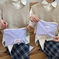 Portable lavender macaron cosmetic bag with contrast dual-color zipper and woven label - Purple