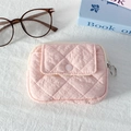 Detailed view of pink quilted mini storage pouch with snap flap pocket and zipper closure - Quilted Pleated Light Pink