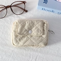 Close-up of beige quilted mini coin purse with metal zipper ring and snap front pocket - Quilted Pleated Khaki