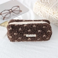 Close-up of soft brown plush pencil case with zipper and MAY RABBIT label on fabric - Brown Small Heart