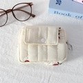 Detailed view of quilted beige mini pouch with strawberry embroidery and snap pocket - Quilted Embroidered Mushroom