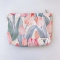 Canvas makeup bag with pink tulip floral print and zipper closure in cream white - Red Tulip