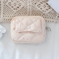 Detailed view of pink quilted storage pouch with rabbit strawberry print and silver zipper - Pink Strawberry Rabbit