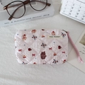 Detail of quilted cotton coin purse with cute cartoon prints and wrist strap for makeup storage - Bear with Red Hat on Pink Base