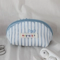 Detail of blue striped cotton shell pouch with butterfly embroidery and metal chain - White Blue Stripe Blue Bow
