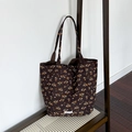 Borsa tote marrone scuro con motivi floreali arancioni e marchio Magic Pocket - Stile fiori arancioni marroni