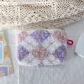 Detail of plush checkerboard makeup bag in purple and pink with soft zip puller - Pink & Purple Check