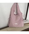 Detail of pink canvas tote bag with side drawstring ruching and brand logo patch - Nylon Pink With Ties