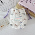 Close-up of quilted cotton camera pouch with cartoon elephant print and purple drawstring - Cute Elephant