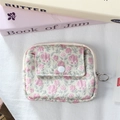 Detail of floral jacquard card holder featuring front button pocket and metal ring zipper - Pink Flower