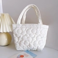 Minimalist white quilted floral lunch bag for women with padded handles and soft texture - White (Upgrade Style)