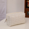 Grande pochette per trucco in tweed bianco crema con filo dorato e cerniera lampo - Tweed Bianco / Bianco