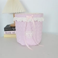 Detailed view of pink quilted lace storage basket with ribbon bow and heart pattern - Crepe Striped Heart Light Pink