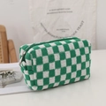 Green and white checkerboard knitted cosmetic bag with silver zipper and soft handle - Green and White Plaid