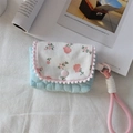 Quilted floral protective case with pink pom-pom trim and woven hand strap for cameras - Quilted Heart Light Blue