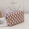 Purple and beige checkered knitted makeup bag with large capacity and zipper closure - Yellow and Purple Grid