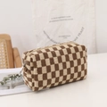 Knitted checkerboard makeup bag in brown and beige with sturdy silver metal zipper - Khaki Plaid